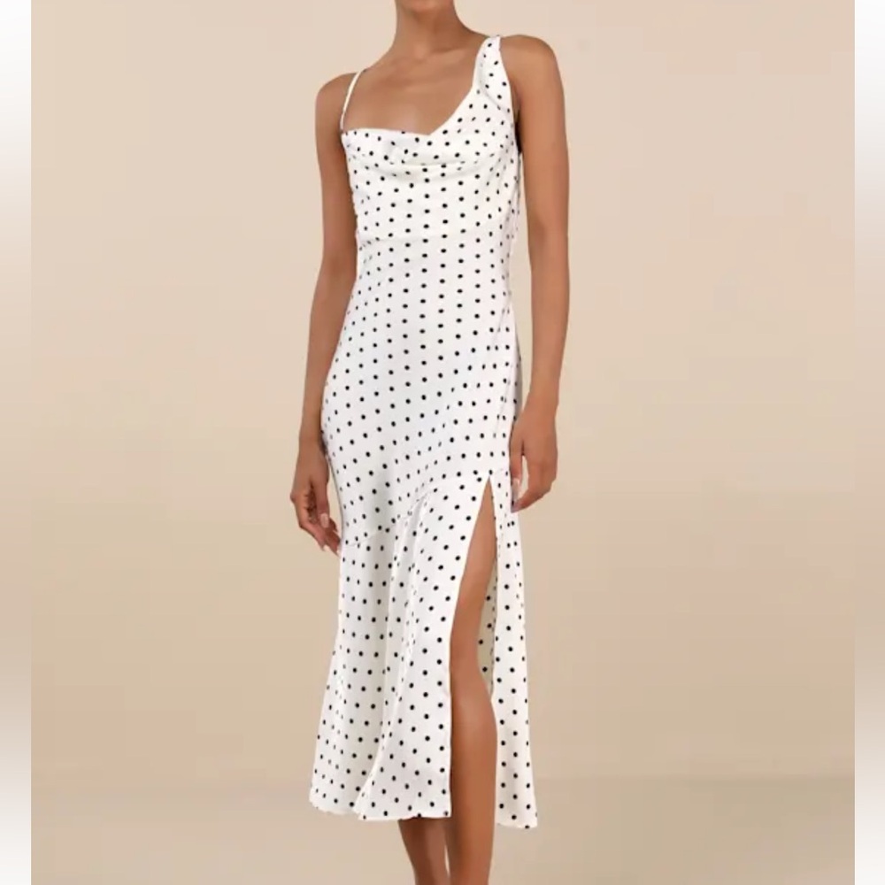 NWT Lulus Matea White Polka Dot Satin Cowl Tie-Back Midi Dress
